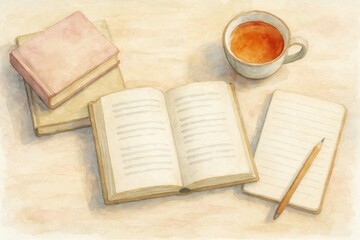 Watercolor illustration of books, tea, and a notebook on a wooden table