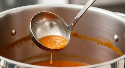 Close-up of ladle scooping sauce from stainless steel pot  