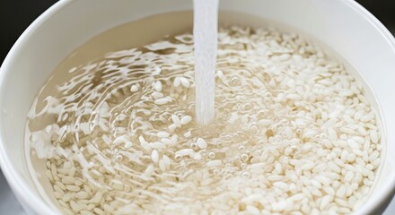 Water being poured over white rice in a bowl 