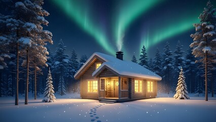 Snowy winter cabin illuminated under the aurora borealis