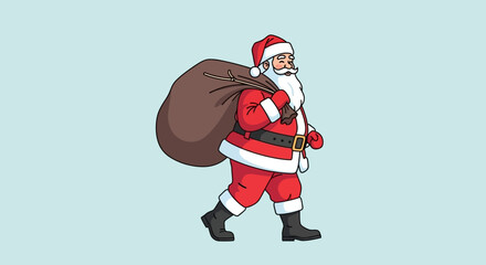 Cartoon illustration of santa claus walking while carrying a large sack