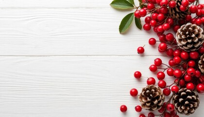 Red berries and pine cones adorn the corner of a white wooden background, forming a festive border christmas, winter holidays, and seasonal greetings copy space marketplace product card background