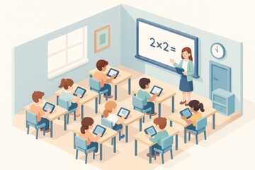 Classroom scene with teacher and students using tablets for learning