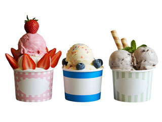 Three delicious ice cream cups with toppings isolated on transparent background