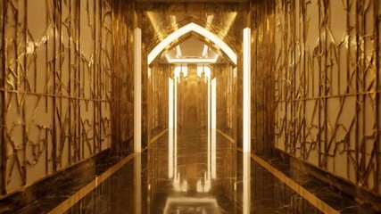 Long opulent hallway with gold patterned walls and a reflective marble floor - Powered by Adobe