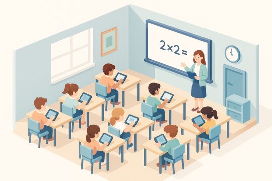 Classroom scene with teacher and students using tablets for learning