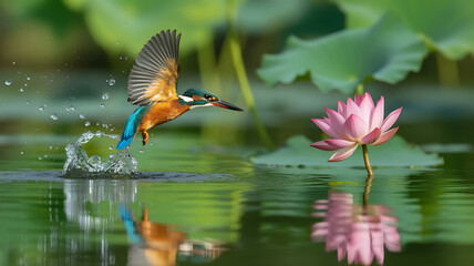 Vibrant Kingfisher Splashing in Water Near Pink Lotus Flower, Capturing a Moment of Nature's Beauty and Tranquility in a Lush Green Pond Setting