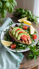 Keto chicken lunch on rustic wooden table with fresh herbs and colorful garnishes. Natural soft lighting and clean background highlight a healthy, fresh, and appetizing meal.