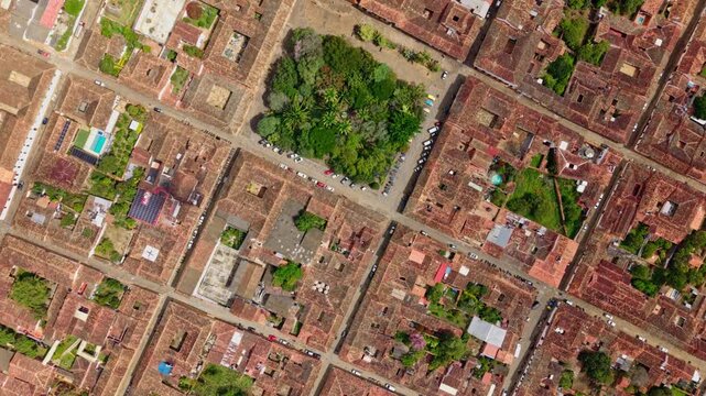 Aerial top down view of the historical colonial town of barichara in santander, colombia