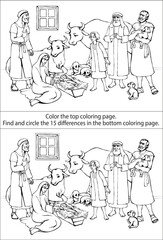 Vector coloring page. The shepherds come to the newborn Jesus.