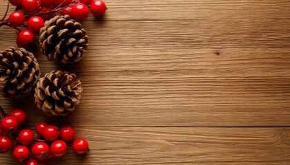 Pine cones and red berries rustic decor warm holiday background with copy space, winter festivities, nature, tradition, and seasonal celebrations on wooden planks christmas marketplace product card