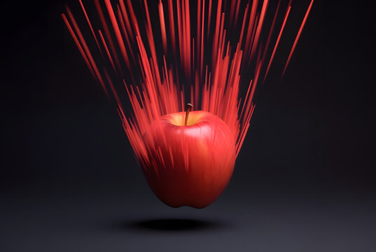 Vibrant red apple suspended in mid-air, surrounded by dynamic bursts of color, creating a striking visual effect that symbolizes freshness and vitality in a modern design