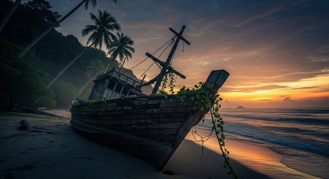 Abandoned shipwreck on a tropical beach at sunset with lush vegetation around