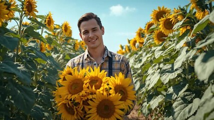 Smiling Young Farmer Holding a Fresh Bouquet of Golden Sunflowers in a Vibrant Sunny Field