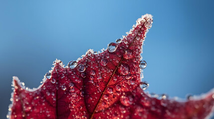 Close-up of a Red Maple Leaf Covered in Frost and Water Droplets Against a Clear Blue Sky, Capturing the Beauty of Nature in Autumn and Winter