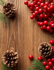 Obraz premium Pine cones vibrant red berries resting on rustic wooden background, cozy festive atmosphere holiday decorations, winter celebrations, seasonal greetings christmas copy space marketplace product card