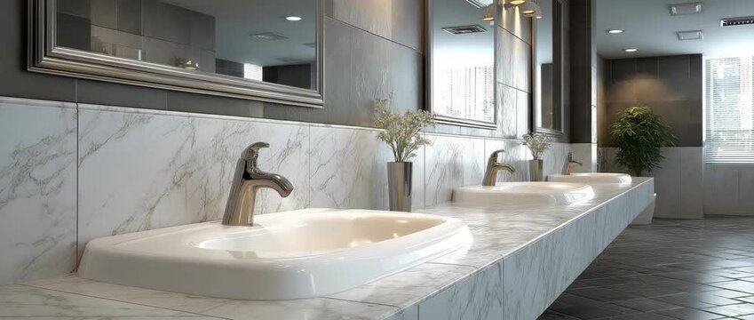 White sink urinal in a bathroom with chic marble flooring that creates a minimalist atmosphere