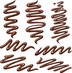 Create a kinds of deferent Drizzled chocolate syrup swirls vector art with white background.