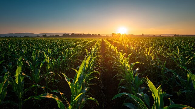 Cornfield during sunrise in rural farmland, agriculture landscape with green plants, sustainable farming and countryside environment concept