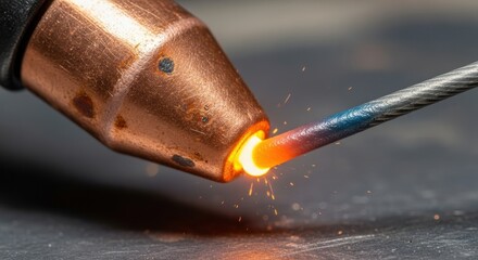 Close up of a welding torch nozzle heating a metal wire, generating bright sparks in a workshop