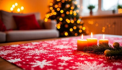 Warm christmas living room scene with three glowing candles pine branch on a red snowflake table runner, blurred sofa twinkling tree lights soft bokeh copy space marketplace product card background