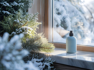 Luxury white winter fragrance bottle on marble and wood, illuminated by cool icy blue daylight with frosted juniper tones. Elegant, high-end seasonal product presentation.