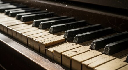 Old cracked dusty piano keys on a vintage instrument indoors illuminated by a bright sunny day