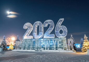 Large ice sculpture of 2026 happy new year illuminated at night snow festive lights