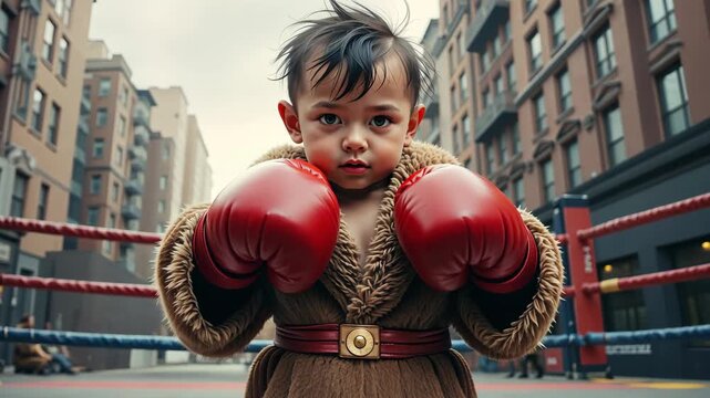 Little asian boy in red boxing gloves standing in city street looking determined. Concept of childhood strength and ambition