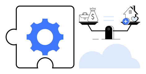 Financial balance concept. Financial decisions balancing wealth, investments, and home values. Financial strategies ed with gear, scales, cloud. For finance, wealth planning home ownership insights