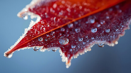 Macro Shot of a Red Autumn Leaf Covered in Ice Crystals and Water Droplets Against a Soft Blue Background, Capturing the Beauty of Winter's Touch