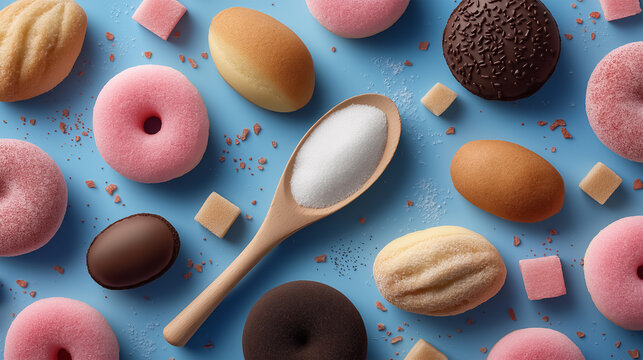 Overhead view wooden spoon white granulated sugar surrounded by various sweet pastries and sugar cubes, blue background. Unhealthy eating, sugar content, diabetes concept.