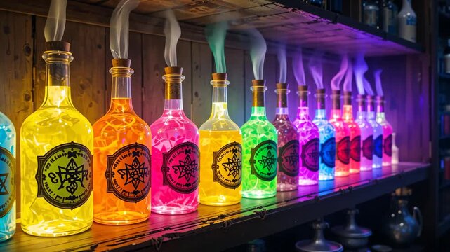 Glowing rainbow-colored bottles with smoke rising arranged on wooden bar shelf in dim light. Concept of mixology and color aesthetics