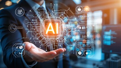 Glowing AI interface hovering above open palm surrounded by virtual circuits on blurred blue background. Concept of futuristic digital technology - Powered by Adobe