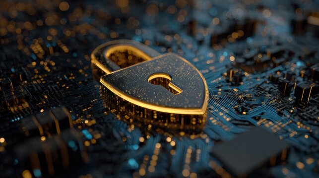 Golden Digital Padlock on Circuit Board Cybersecurity Data Protection Technology Concept