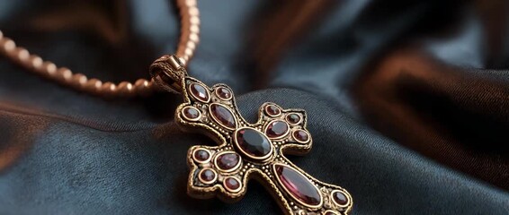 Flowing black satin fabric with an elaborate pendant of a jeweled cross