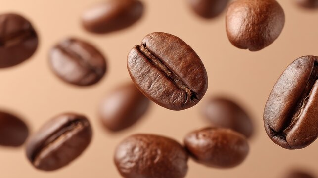 Roasted Coffee Beans Falling and Floating in Air on Beige Background Close-Up
