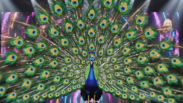 Peacock on Catwalk Stunning Display of Feathers Fashion Show Stage