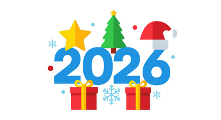 Happy new year 2026 celebration with christmas tree and gift box