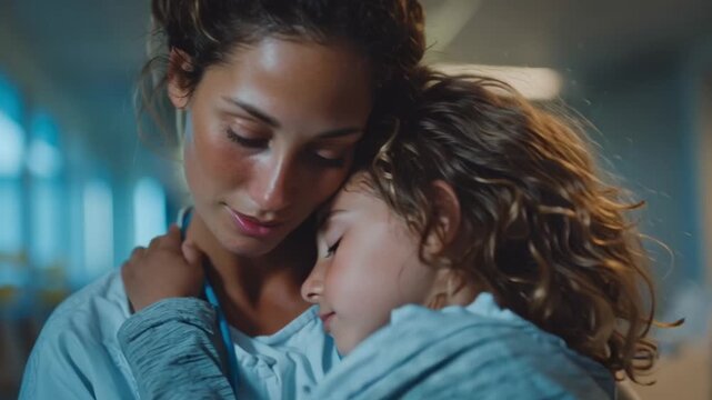 Medical assistance volunteer comforting child in hospital ward, cinematic warm daylight tone, atmosphere of safety and compassion, emotion of empathy and hope, humanity expressed through body language