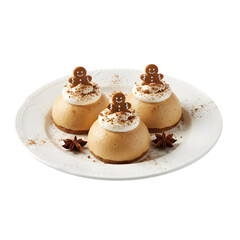 Individual Gingerbread Mousse Domes Topped with Whipped Cream and Mini Gingerbread Man Cookies isolated on a transparent background 