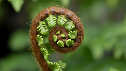 Unfurling Fern Frond: A Close-Up of a Young, Spiraling Fern with Delicate Green Leaves and Brown Fuzz, Set Against a Soft Green Background in a