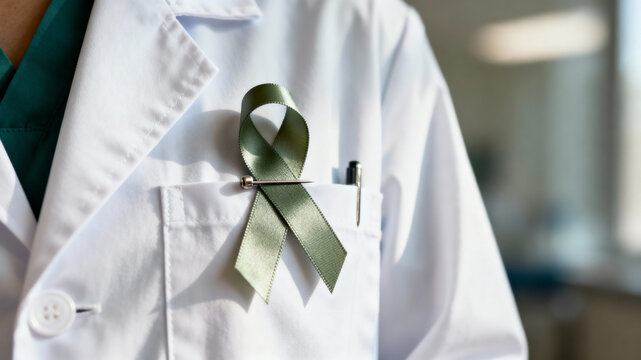World Cancer Day awareness with green ribbon displayed on healthcare professional's coat