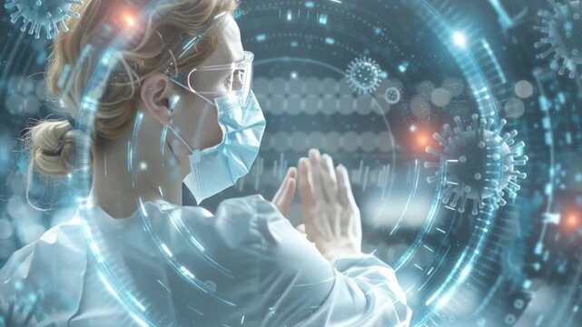 Medical outbreak prevention Illustrate a public health official giving clear, concise instructions in front of a glowing digital display showing effective containment strategies and communication netw