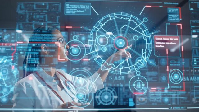 Medical outbreak prevention Illustrate a public health official giving clear, concise instructions in front of a glowing digital display showing effective containment strategies and communication netw