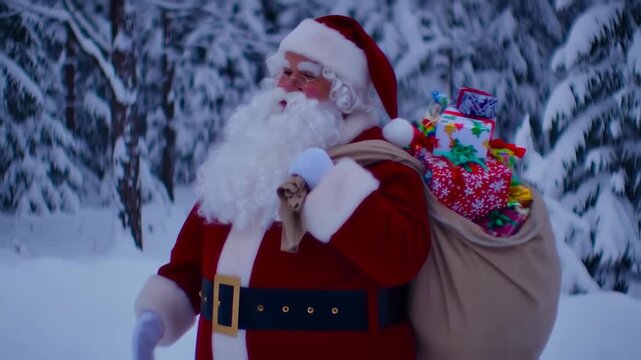 Santa Claus in a snowy forest carrying gifts for Christmas.
