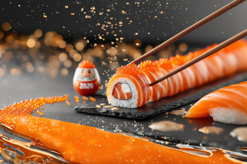Close-up of fresh salmon sushi roll with red roe, chopsticks, and splashing water.Asian food delivery banner. Sushi restaurant advertisement.