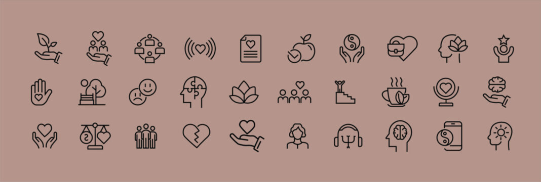 Mental health emotional set of web icons in line style. Containing brain, chart, handheart, heart, pen, cloud, people, head, handshake, headplus, star, sleep, man, gear, couple. Editable stroke icons.