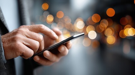 Close-up of a male hand using a smartphone with a blurred urban background featuring warm bokeh lights, illustrating modern technology and connectivity in daily life