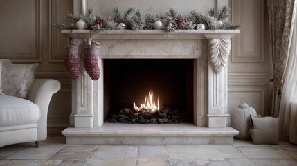Cozy fireplace adorned with festive decorations, including stockings and garland, creating a warm and inviting atmosphere for holiday gatherings and celebrations